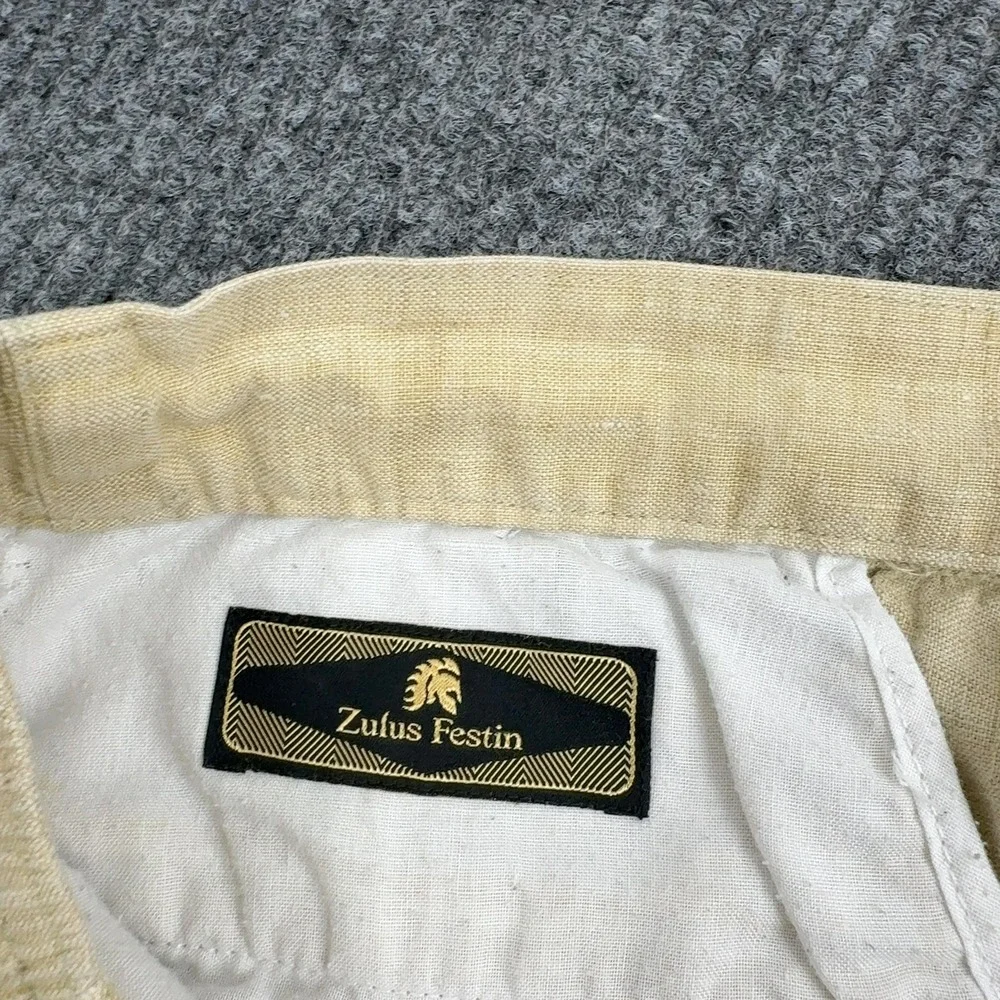 Zulus Festin‎ Pants Mens 37x34 Tan Linen Comfort Fit Flat Front Summer Casual